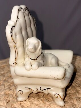 Vintage Porcelain Dog Figurine Chair Trinket Holder Shabby Chic Decor Cute